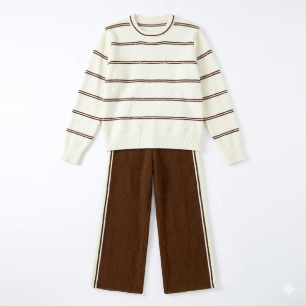Premium 2-Piece Fuzzy Loungewear Set for Women – Ultra Soft Plush Knit Stripe Top and Wide-Leg Brown Side-Stripe Pants, Cozy Comfort Sleepwear