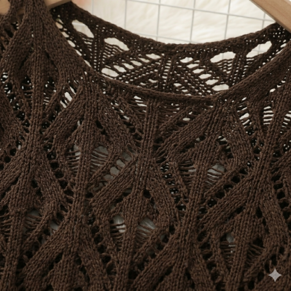 Artisan Women’s Brown Pointelle Lace-Knit Sweater – Intricate Geometric Diamond & Geometric Openwork Pullover, Loose Fit, Crewneck, Long Sleeves