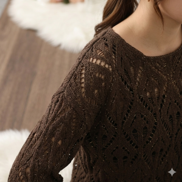 Artisan Women’s Brown Pointelle Lace-Knit Sweater – Intricate Geometric Diamond & Geometric Openwork Pullover, Loose Fit, Crewneck, Long Sleeves