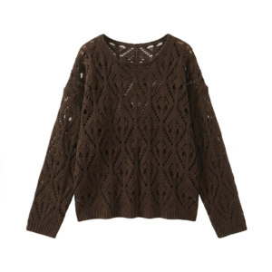 Artisan Women’s Brown Pointelle Lace-Knit Sweater – Intricate Geometric Diamond & Geometric Openwork Pullover, Loose Fit, Crewneck, Long Sleeves