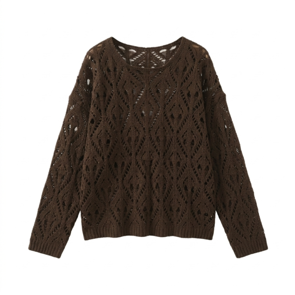 Artisan Women’s Brown Pointelle Lace-Knit Sweater – Intricate Geometric Diamond & Geometric Openwork Pullover, Loose Fit, Crewneck, Long Sleeves