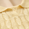 Elegant Pale Yellow Pointelle & Cable Knit Polo Shirt - Buttonless V-Neck, Summery Preppy Top