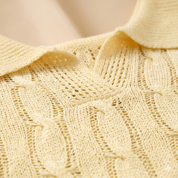 Elegant Pale Yellow Pointelle & Cable Knit Polo Shirt - Buttonless V-Neck, Summery Preppy Top