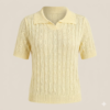 Elegant Pale Yellow Pointelle & Cable Knit Polo Shirt - Buttonless V-Neck, Summery Preppy Top