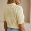 Elegant Pale Yellow Pointelle & Cable Knit Polo Shirt - Buttonless V-Neck, Summery Preppy Top