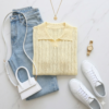 Elegant Pale Yellow Pointelle & Cable Knit Polo Shirt - Buttonless V-Neck, Summery Preppy Top