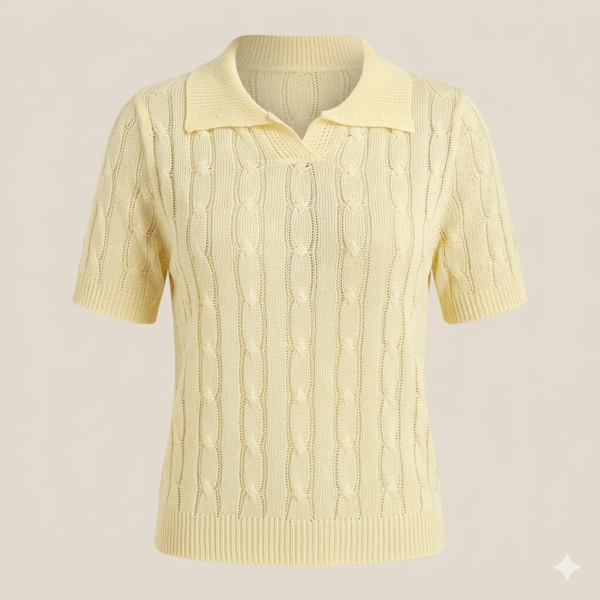 Elegant Pale Yellow Pointelle & Cable Knit Polo Shirt - Buttonless V-Neck, Summery Preppy Top
