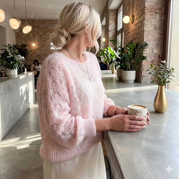 Premium Women’s Pink Pointelle Knit Mohair Sweater – Soft Fuzzy Crewneck Pullover, Intricate Open-Knit Pointelle Patterns, Spring Summer Outerwear