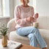Premium Women’s Pink Pointelle Knit Mohair Sweater – Soft Fuzzy Crewneck Pullover, Intricate Open-Knit Pointelle Patterns, Spring Summer Outerwear