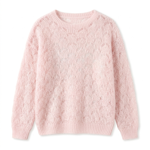 Premium Women’s Pink Pointelle Knit Mohair Sweater – Soft Fuzzy Crewneck Pullover, Intricate Open-Knit Pointelle Patterns, Spring Summer Outerwear
