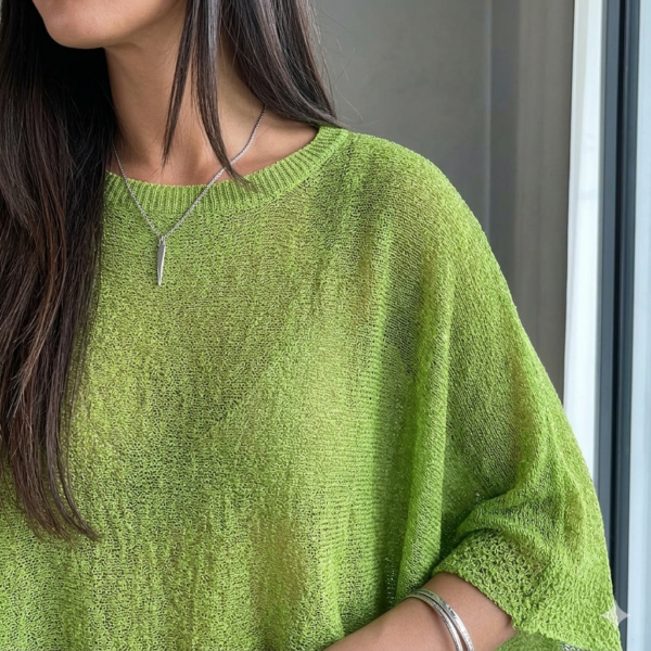 Lime Green Asymmetrical Textured Knit Poncho - Loose Fit, Semi-Sheer