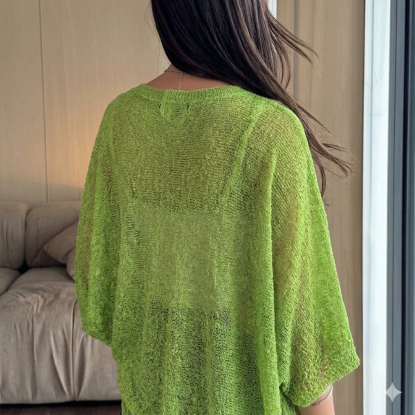 Lime Green Asymmetrical Textured Knit Poncho - Loose Fit, Semi-Sheer