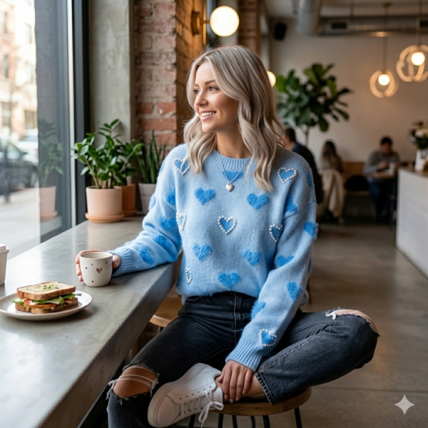 Premium Women's Blue Cable Knit Sweater Top – Soft Faux Fur Fuzzy Hearts and Pearl Heart Outlines Pullover, Boho Urban Chic Outerwear