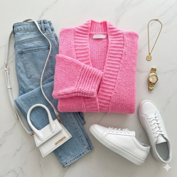 Elegant Vibrant Pink Chunky-Knit Cardigan - Cozy Oversized Top, summery Lounge Top