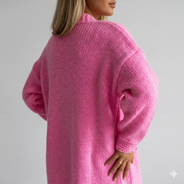 Elegant Vibrant Pink Chunky-Knit Cardigan - Cozy Oversized Top, summery Lounge Top