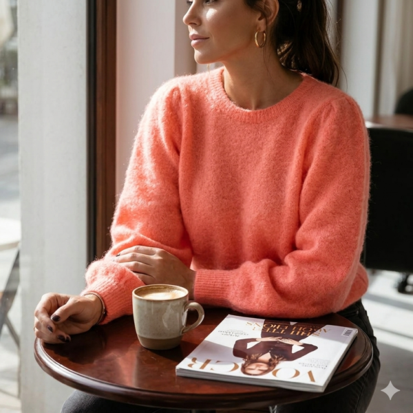 Coral Dreams: Cozy Coral Orange Mohair Lantern Sleeve Sweater