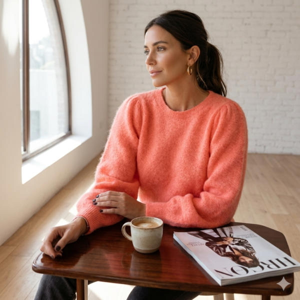 Coral Dreams: Cozy Coral Orange Mohair Lantern Sleeve Sweater